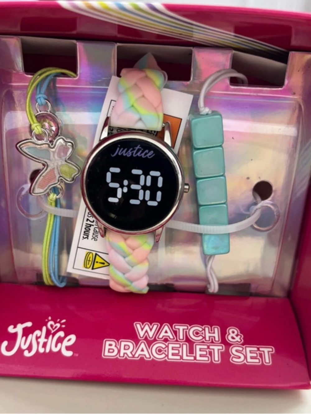 Justice Pastel Braided Digital Watch & Bracelet Trio - Pink, Mint, Yellow